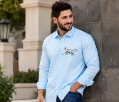 Sky Blue Hand-Painted Maa Durga Shirt for Perfect Mens Collection